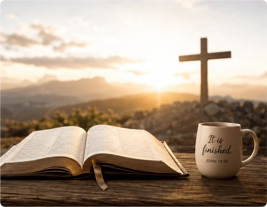 Open Bible on a wooden table with a mug reading 'It is finished' and a cross on a hill at sunset in the background.
