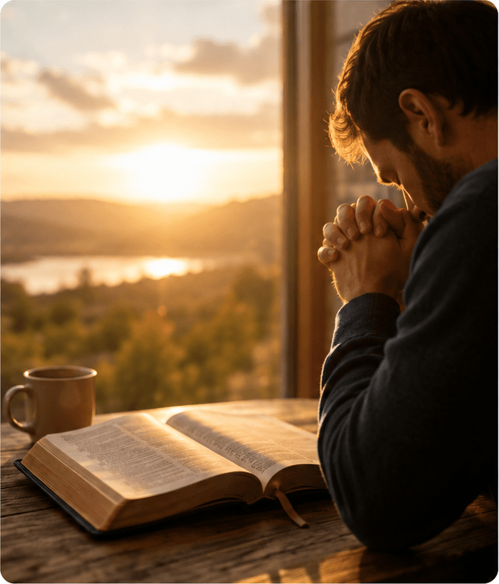 Man praying with a Bible open on a table